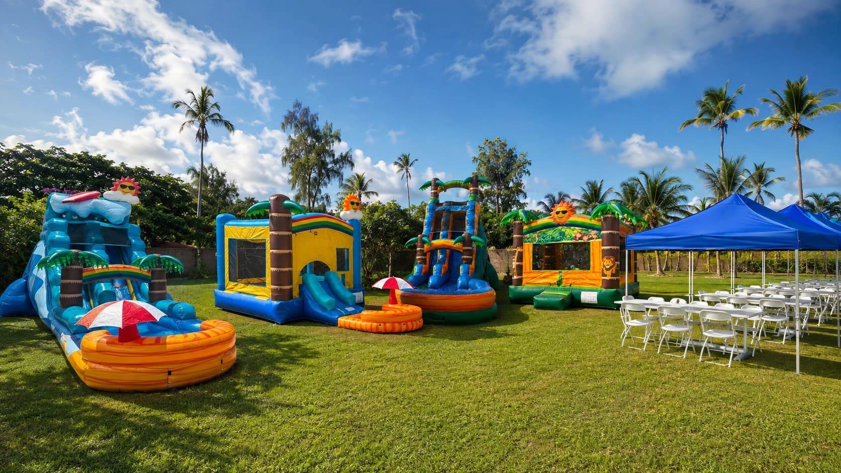 Guam Cherry Rentals complete party setup with four inflatables, blue canopy, tables and chairs